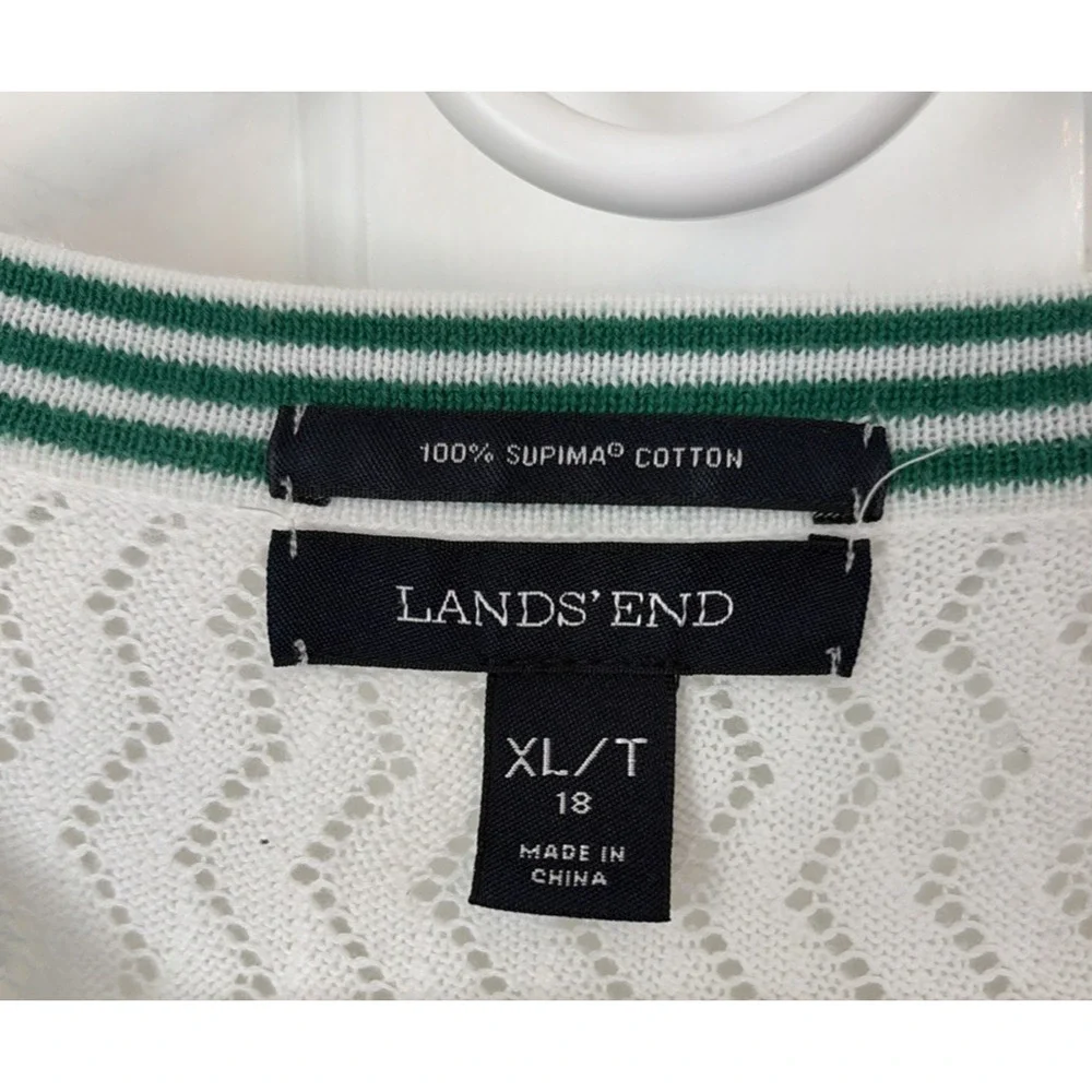 Lands End Womens Pointelle Knit White Green/Navy Trim Cardigan XLT Preppy Tennis